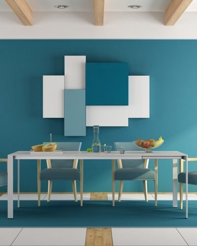 Modern blue dining room with white table and blue chair - 3d rendering