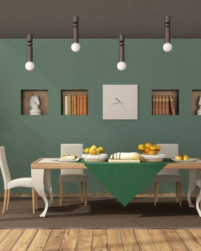 Elegant dining room with table and chairs against green wall with niche - 3d rendering