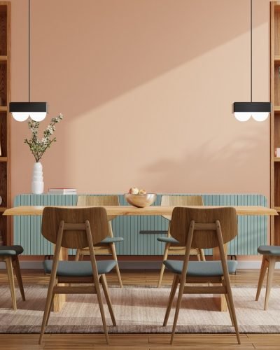 Modern dining room interior design with dark cream color wall.3d rendering