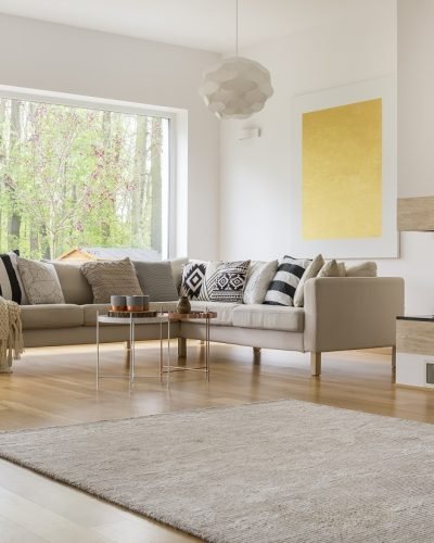 Open space in modern decorated apartment with white sofa